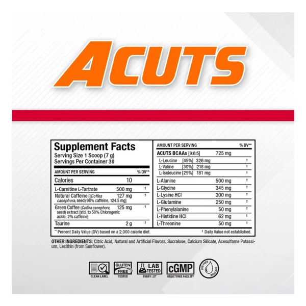 Front label of an ACUTS supplement package, showing the large orange ACUTS logo, serving size information, a supplement facts panel, and certification badges on a white background.