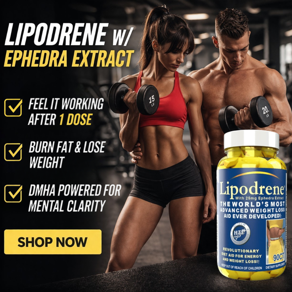 Hi-Tech Lipodrene lifestyle image with highlights of product listed. 