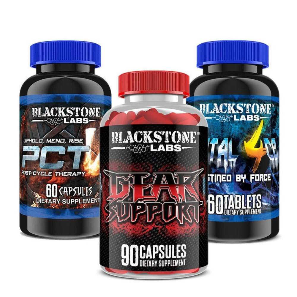 A bottle of Blackstone Labs PCT-V, Gear Support and Brutal 4ce on a white background.