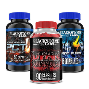 A bottle of Blackstone Labs PCT-V, Gear Support and Brutal 4ce on a white background.