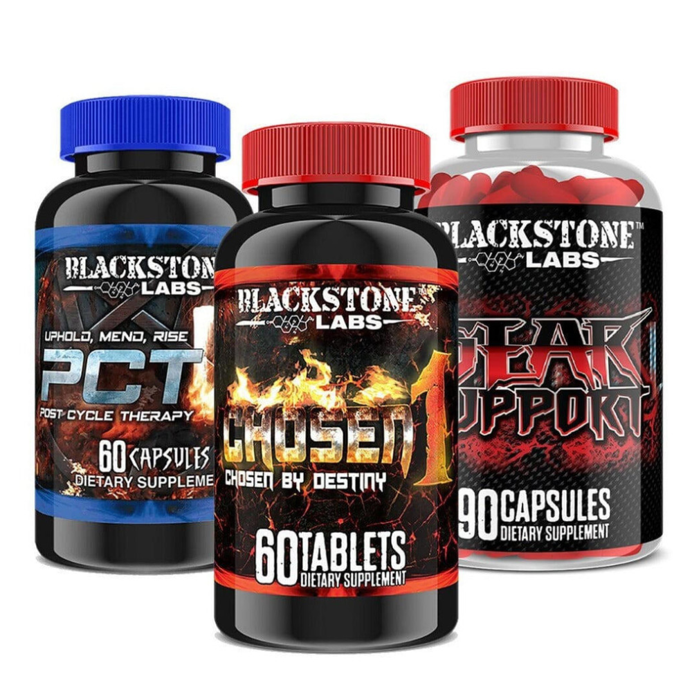 A bottle of Blackstone Labs PCT-V, Chosen 1, and Gear Support on a white background.