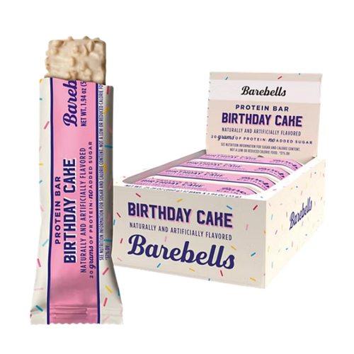 Barebells Birthday Cake protein bar packaging on a white background