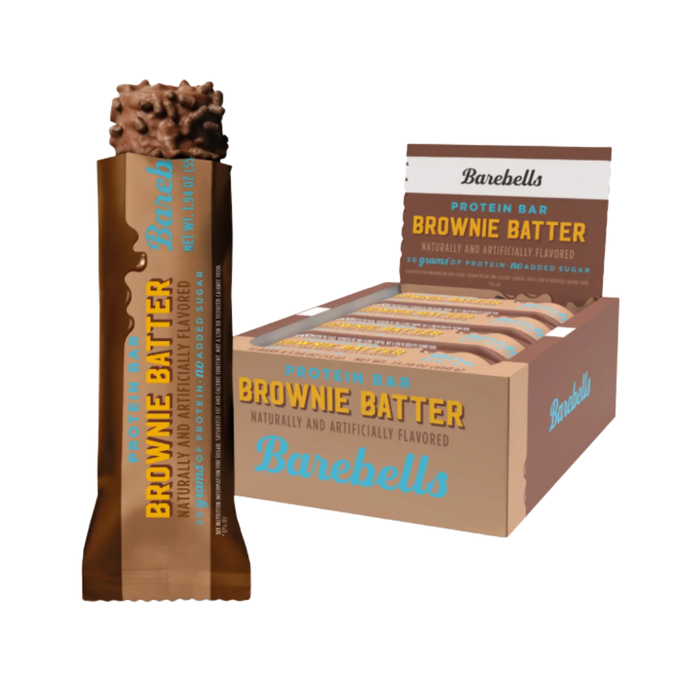 Barebells Brownie Batter protein bar packaging on a white background