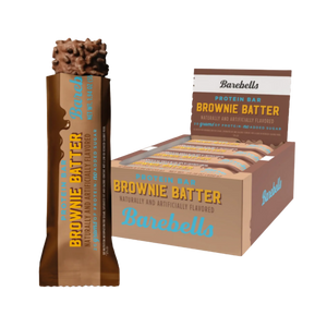 Barebells Brownie Batter protein bar packaging on a white background