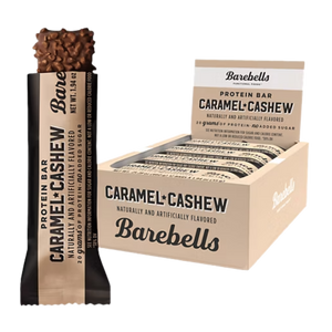 Barebells Caramel Cashew protein bar packaging on a white background