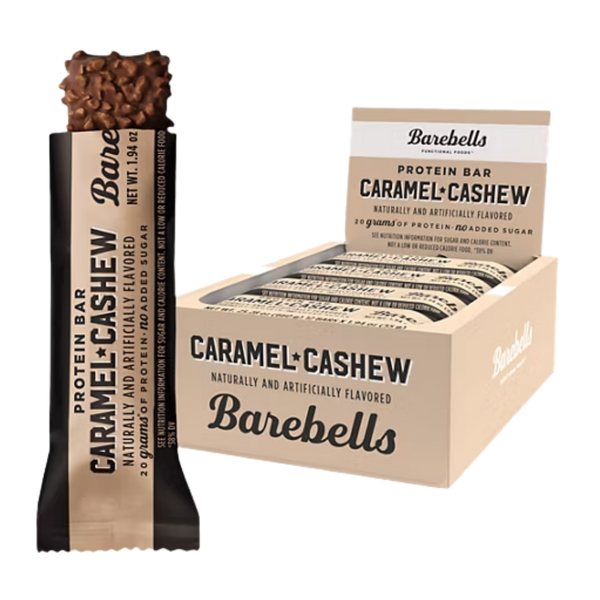 Barebells Caramel Cashew protein bar packaging on a white background