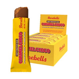 Barebells Caramel Choco protein bar packaging on a white background