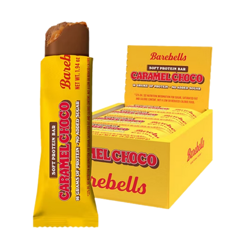 Barebells Caramel Choco protein bar packaging on a white background