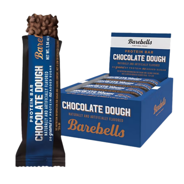 Barebells Protein Bar in Chocolate Dough flavor with packaging on a white background