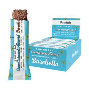 Barebells Coco Caramel Almond protein bar with packaging on a white background