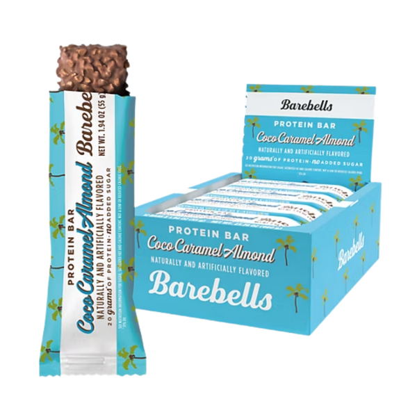 Barebells Coco Caramel Almond protein bar with packaging on a white background