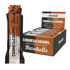 Cookies & Caramel Barebells protein bar packaging on a white background