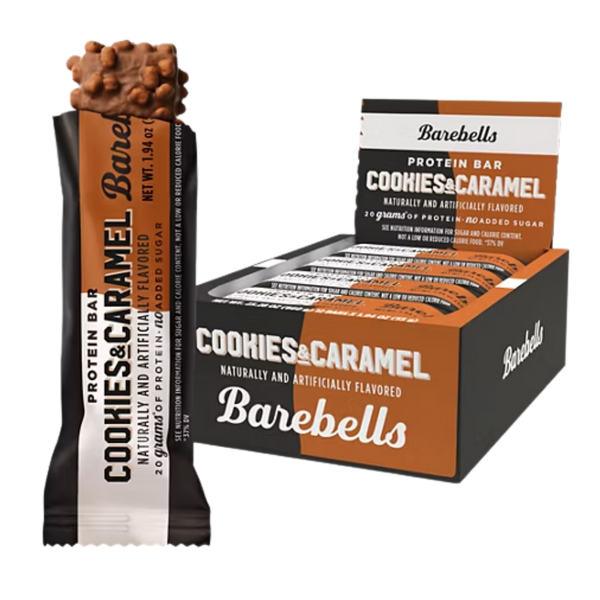Cookies & Caramel Barebells protein bar packaging on a white background