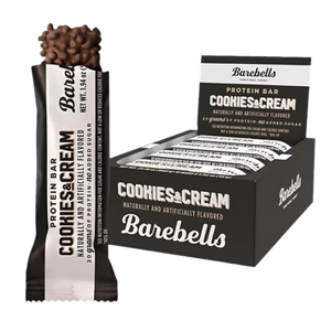 Cookies & Cream Barebells protein bar packaging with a single bar and box on a white background