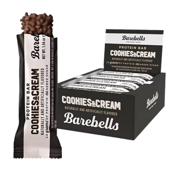 Cookies & Cream Barebells protein bar packaging with a single bar and box on a white background