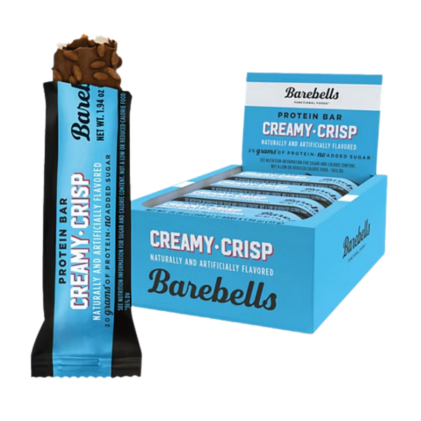 Barebells Creamy Crisp protein bar packaging on a white background