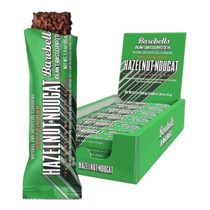 Barebells Hazelnut Nougat protein bar packaging on a white background
