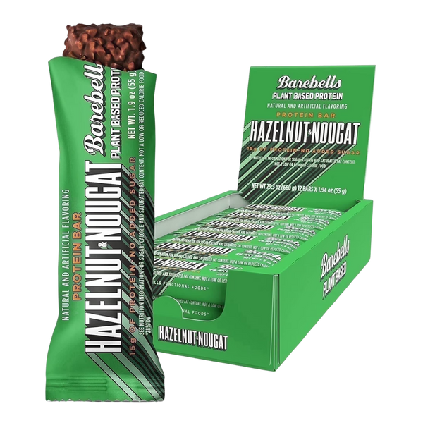 Barebells Hazelnut Nougat protein bar packaging on a white background
