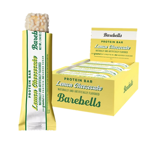 Barebells Lemon Cheesecake protein bar packaging on a white background