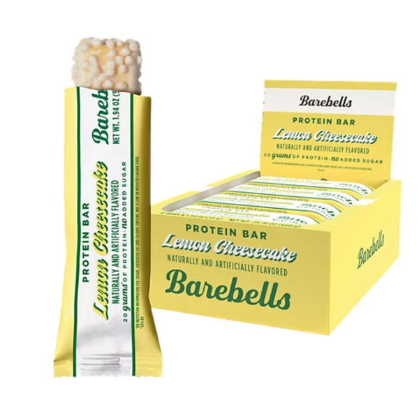 Barebells Lemon Cheesecake protein bar packaging on a white background