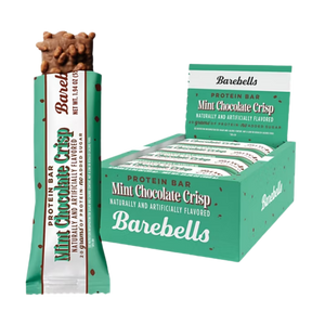 Barebells Mint Chocolate Crisp Protein Bar on a white background.