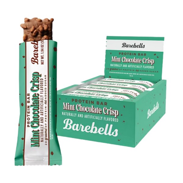 Barebells Mint Chocolate Crisp Protein Bar on a white background.