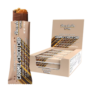 Barebells Vegan Caramel Choco Chip protein bar packaging on a white background