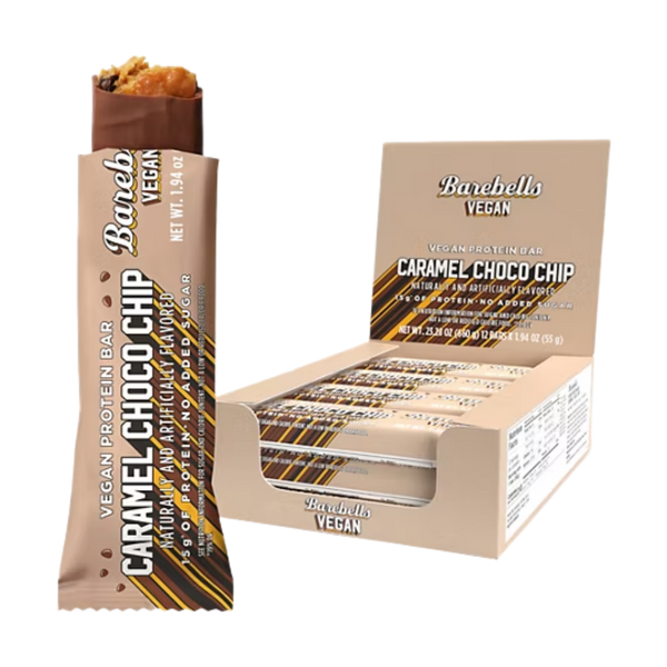 Barebells Vegan Caramel Choco Chip protein bar packaging on a white background