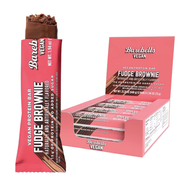 Barebells Vegan Fudge Brownie protein bar packaging on a white background
