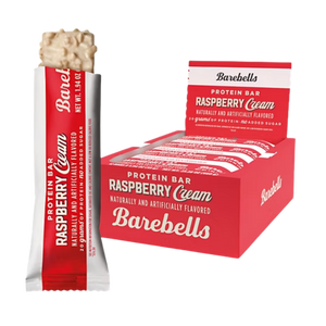 Barebells Raspberry Cream protein bar packaging on a white background