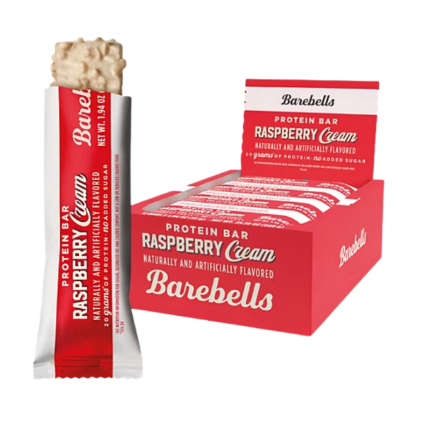 Barebells Raspberry Cream protein bar packaging on a white background