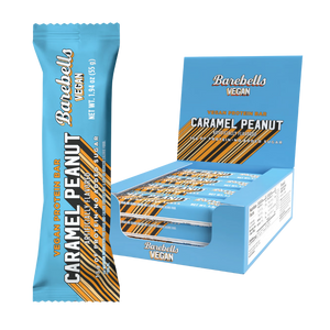 Barebells Vegan Caramel Peanut protein bar packaging on a white background