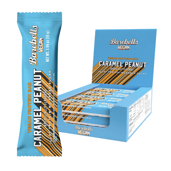 Barebells Vegan Caramel Peanut protein bar packaging on a white background