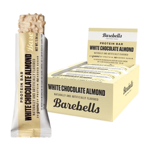 Barebells White Chocolate Almond protein bar packaging on a white background