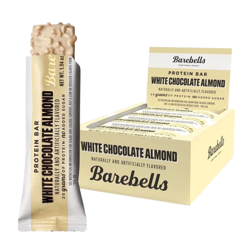 Barebells White Chocolate Almond protein bar packaging on a white background
