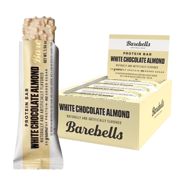 Barebells White Chocolate Almond protein bar packaging on a white background