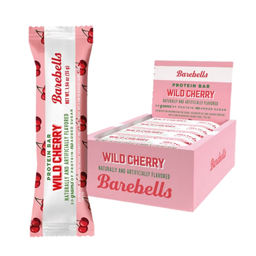 Barebells Wild Cherry protein bar packaging on a white background