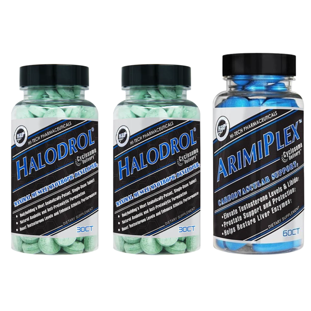 Two bottles of supplements labeled 'Halodrol' and one bottle of 'Arimiplex' on a white background.
