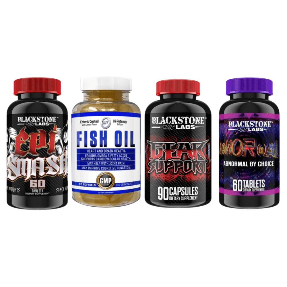 Four Blackstone Labs supplement bottles on a white background