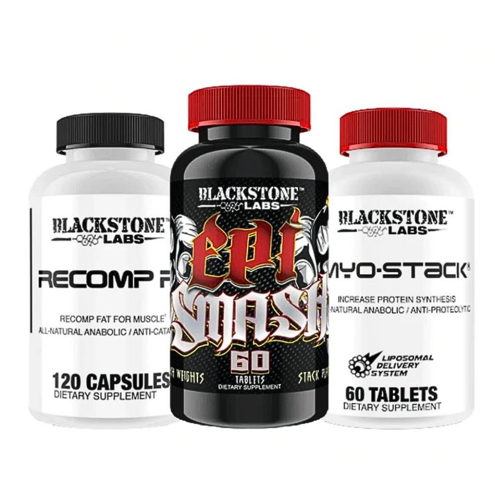 Three Blackstone Labs supplement bottles on a white background
