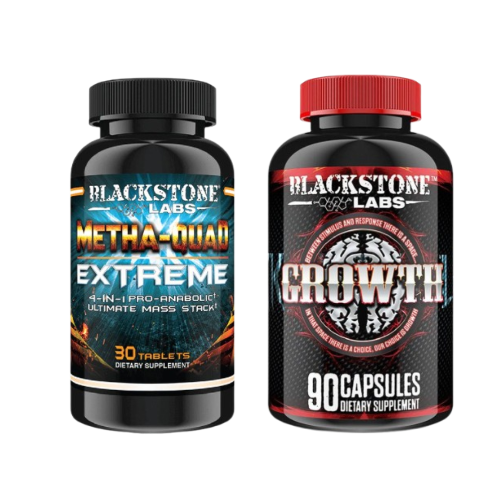 Two Blackstone Labs supplement bottles on a white background. One bottle of Blackstone Labs Metha-Quad and one bottle of Blackstone Labs Growth