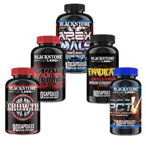 Collection of Blackstone Labs supplement bottles on a white background