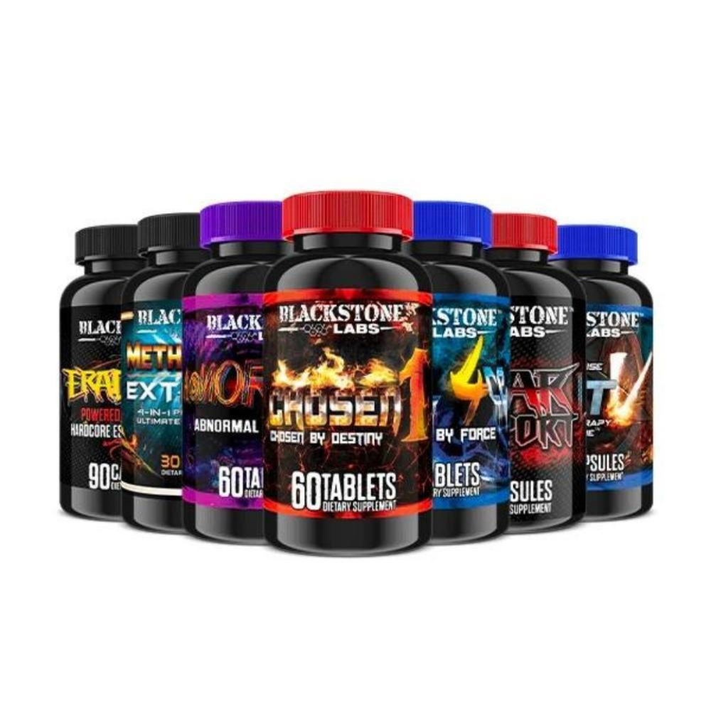 Row of Blackstone Labs supplement bottles on a white background