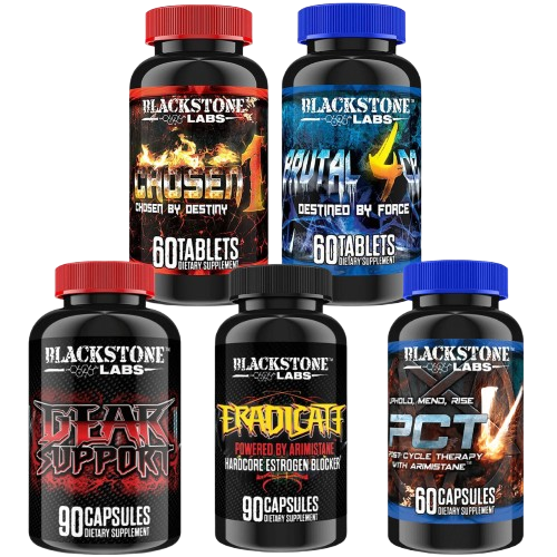 Five Blackstone Labs supplement bottles on a white background