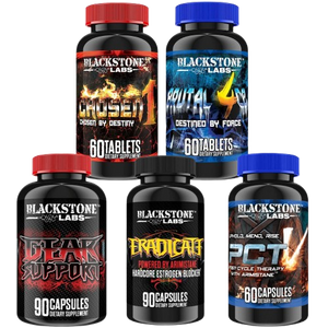 Five Blackstone Labs supplement bottles on a white background