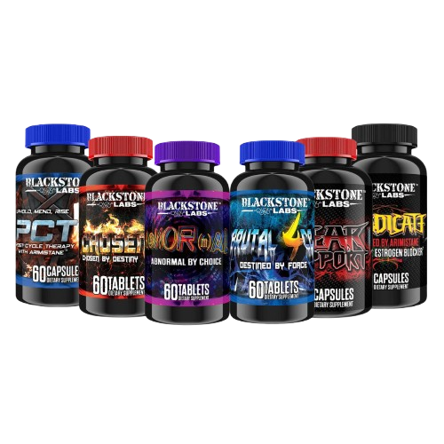 Collection of Blackstone Labs supplement bottles on a white background