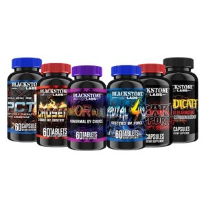 Collection of Blackstone Labs supplement bottles on a white background