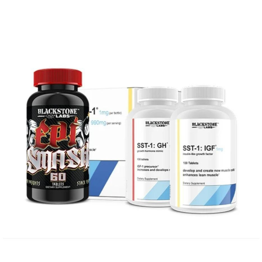 Blackstone Labs supplements including Epi Smash and SST-1 GH and SST-1 IGF on a white background