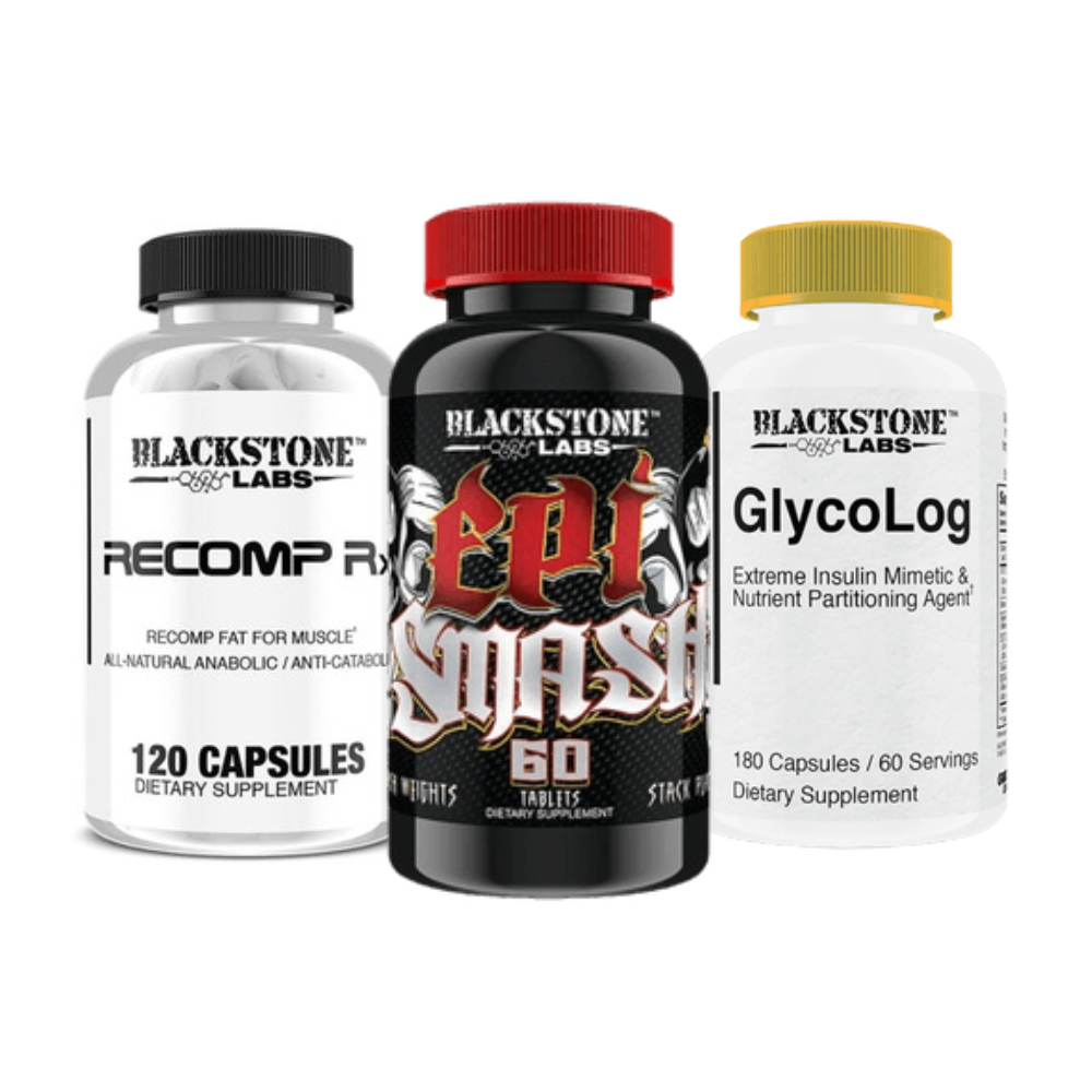Three Blackstone Labs supplement bottles on a white background. The three bottles include Recomp RX, Epi-Smash, and Glycoog.