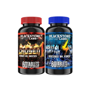 Two Blackstone Labs dietary supplement bottles, one red and one blue, on a white background.